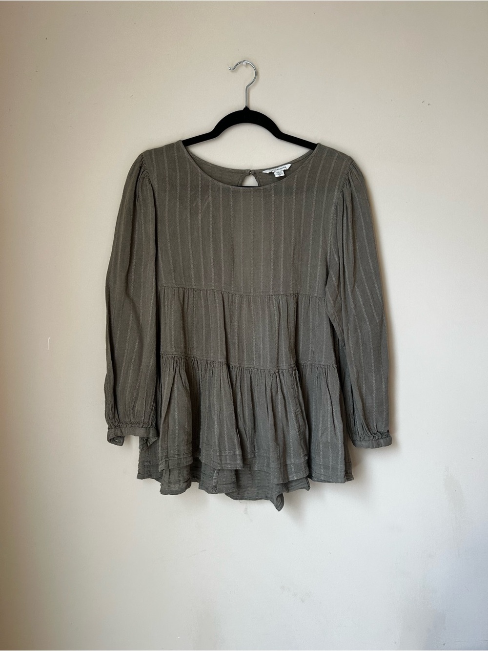 American Eagle Outfitters Olive Green Tiered Long-Sleeve Blouse